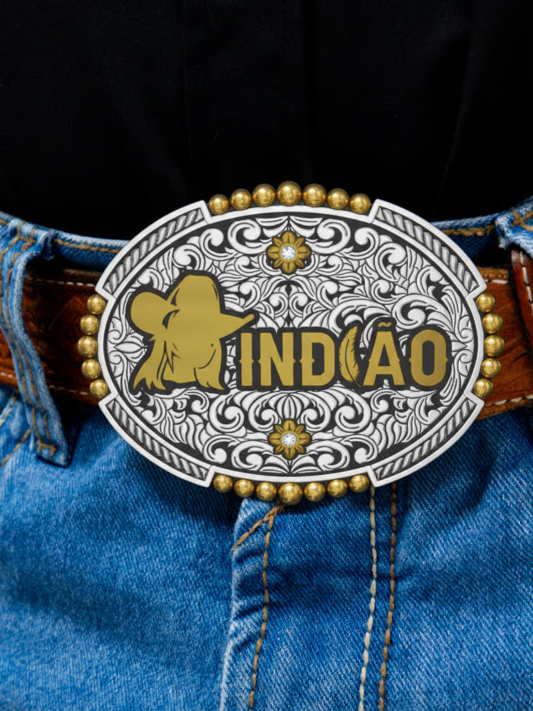 Fivela Country Indiao Premium Prata e Ouro 12x9,4cm